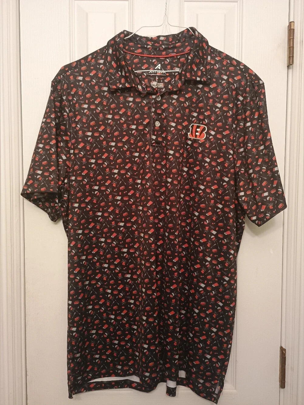 Antigua Men's Black & Orange Bengals Logo Tailgate Polo Shirt Size Large See